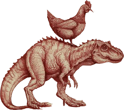 A drawing of a dinosaur and a chicken together.