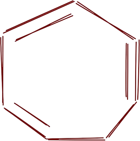 A drawing of a benzene ring.