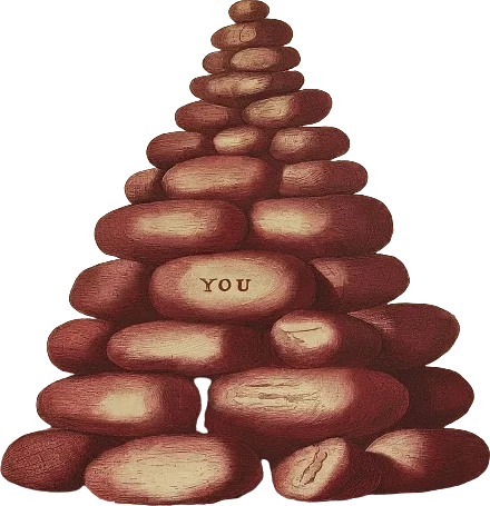 A drawing of a structure of stones on top of each other, one of the lower stones is labeled "You".