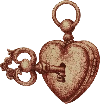 A drawing of a locked heart with a key unlocking it.